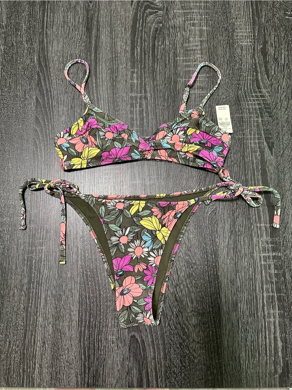 aerie Olive Floral String Bikini with Pink & Yellow Blooms - new with tags!